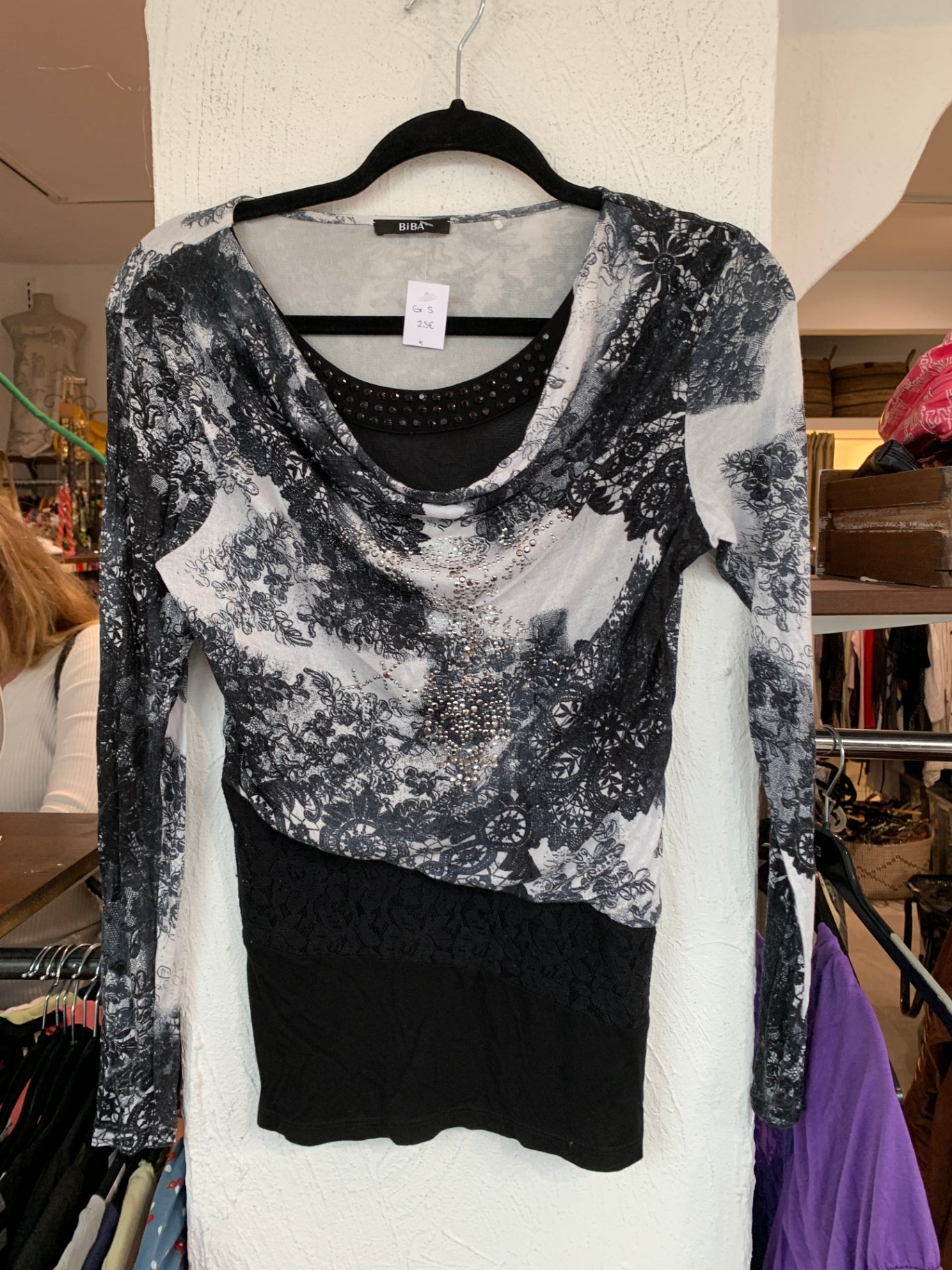 BiBA Bluse S Grau/Schwarz mit Pailetten