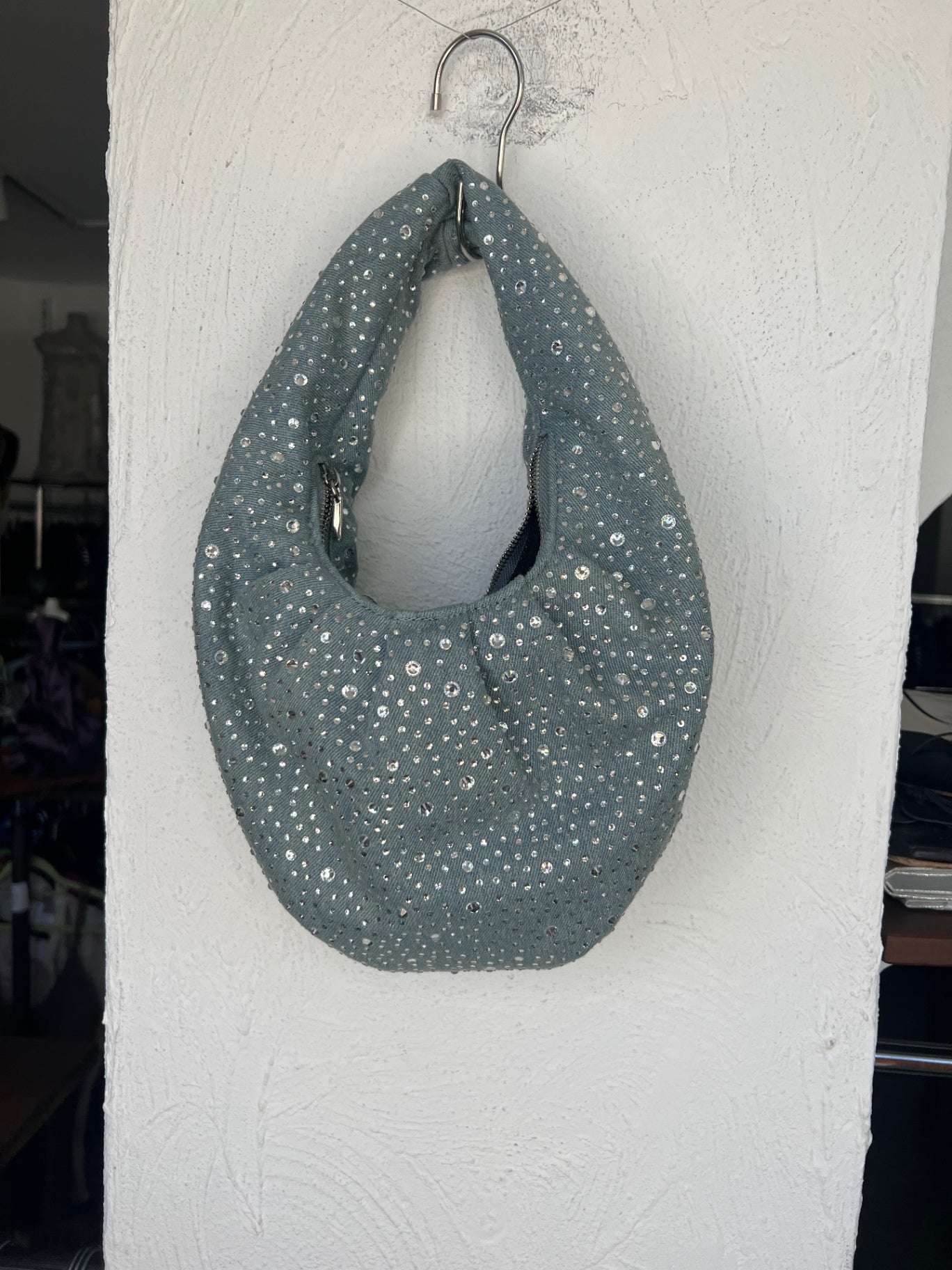 Unbekannt Tasche Denim mit silbernen Glitzersteinen