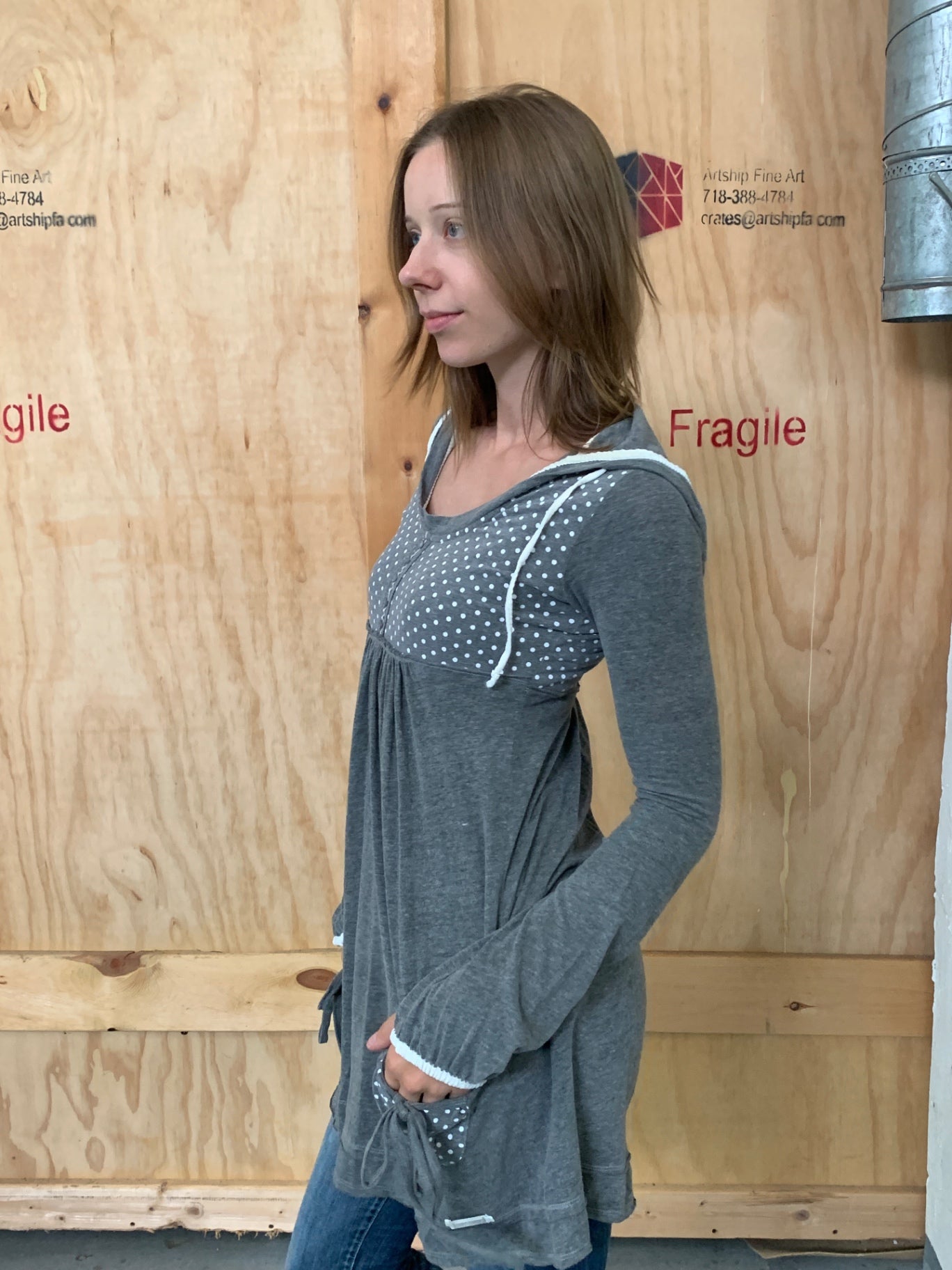 Superdry Langärmeliges Kleid mit Kapuze M Grau mit weißen Punkten