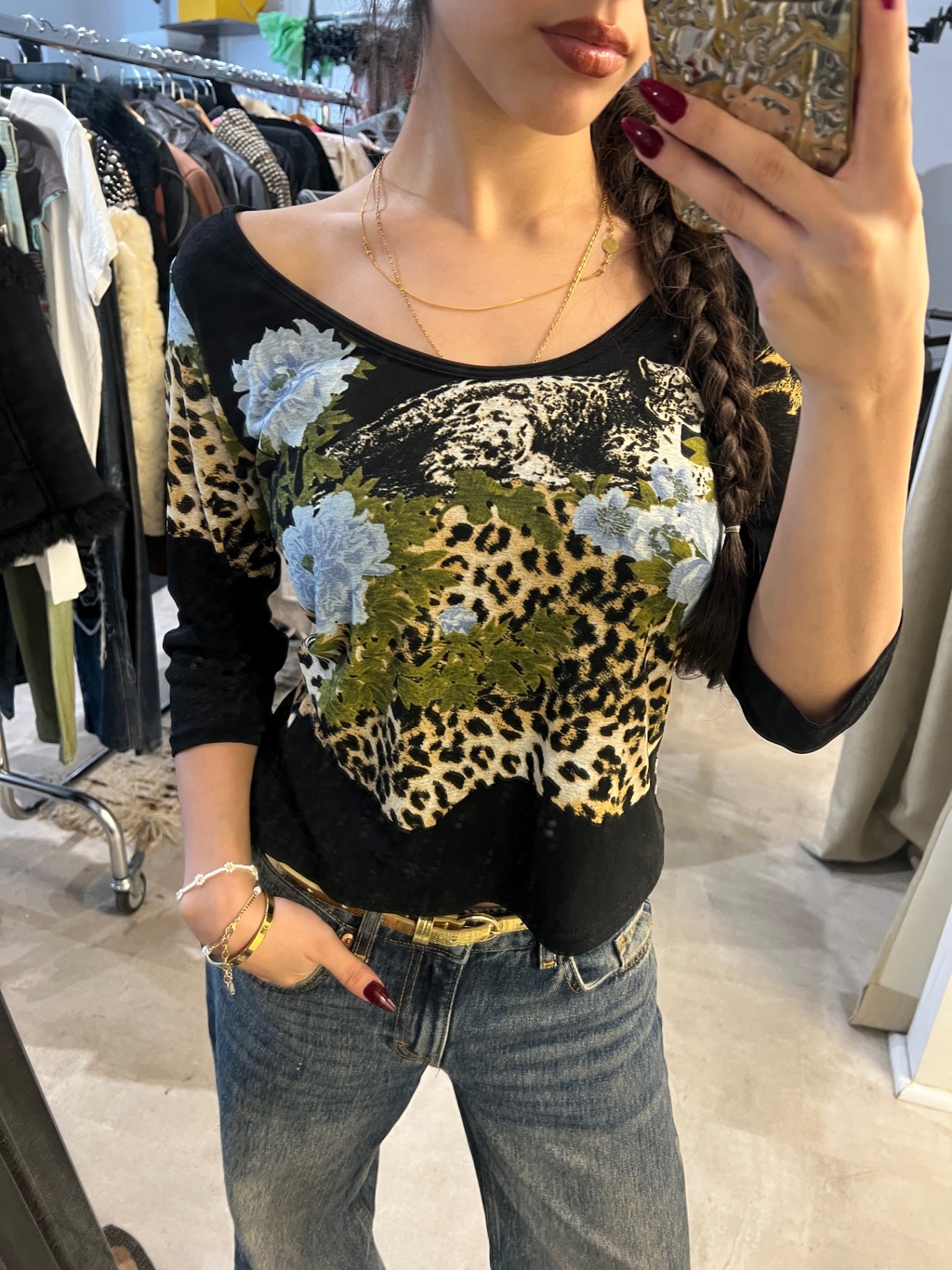 Jalü Oberteil M Schwarz mit Leopardenmuster, Blau und Grün