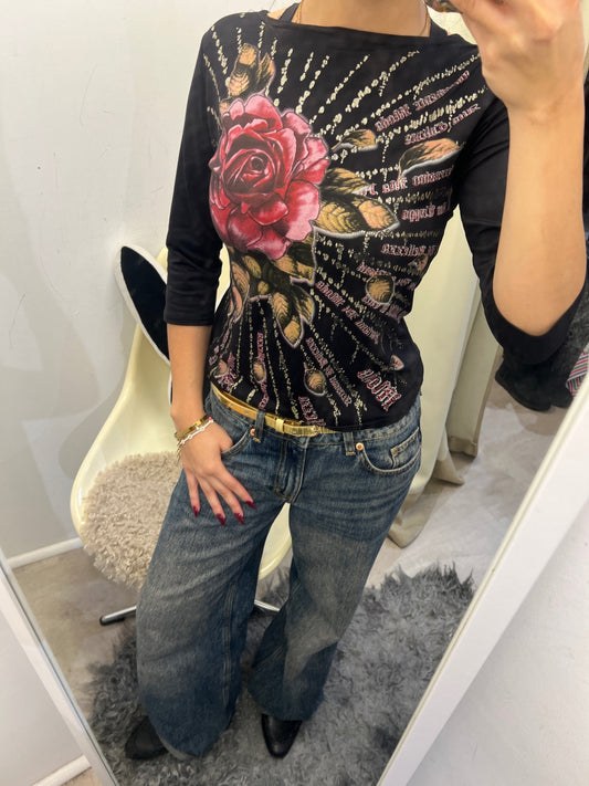 Langarmshirt S Schwarz mit rotem und goldfarbenem Druck