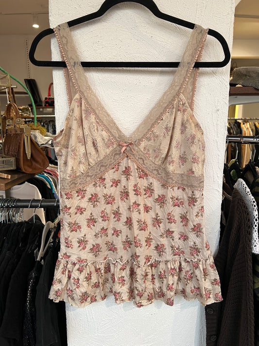 Top S Beige mit rosa und grünen Blumenmuster