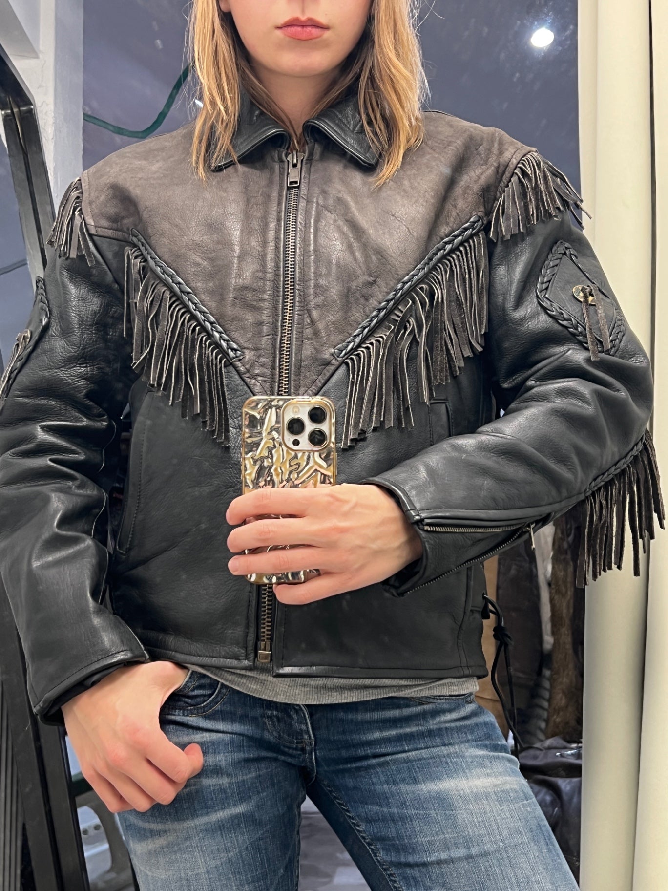 Roadwear 59 Lederjacke mit Fransen S Braun Schwarz