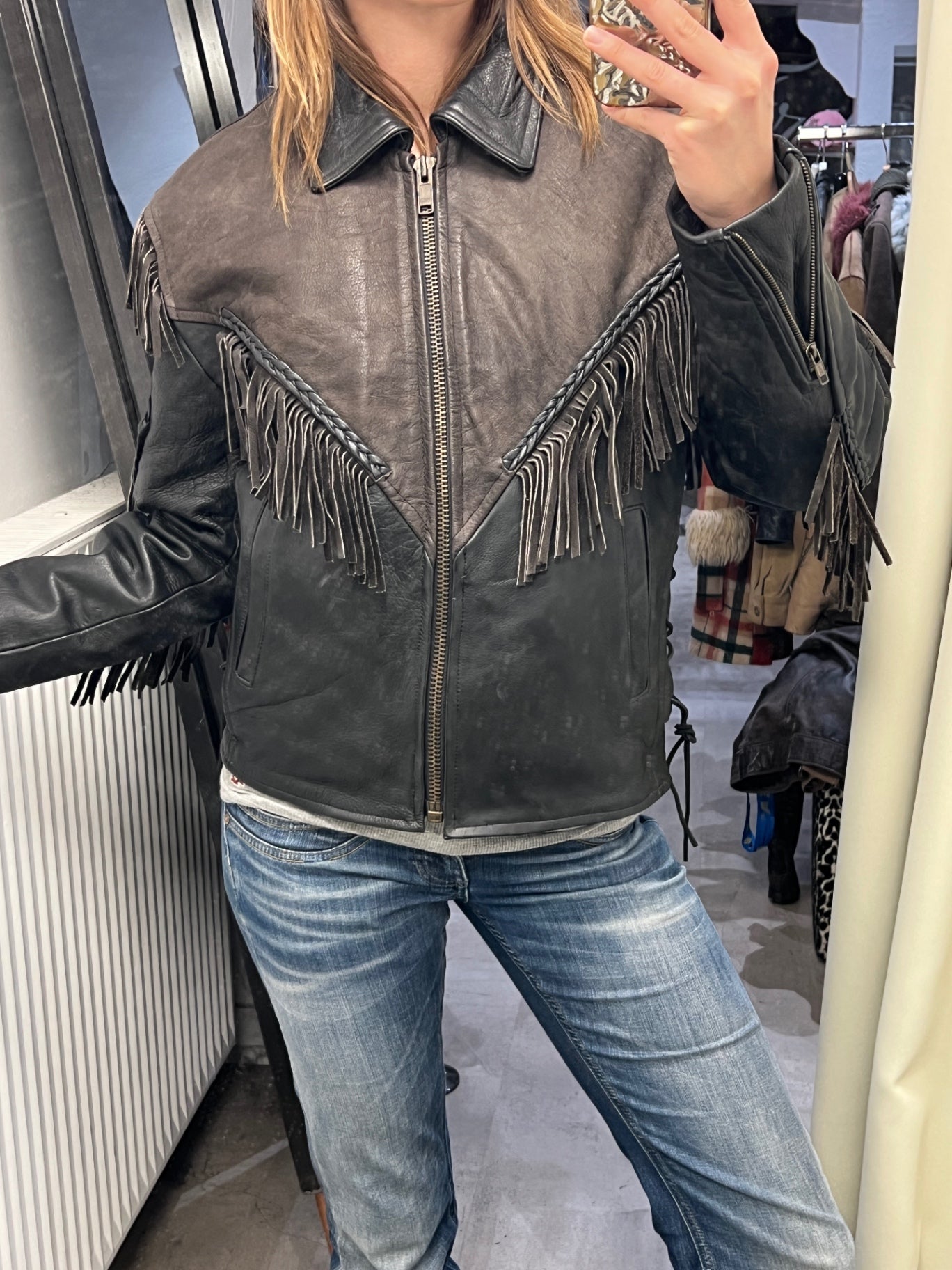 Roadwear 59 Lederjacke mit Fransen S Braun Schwarz