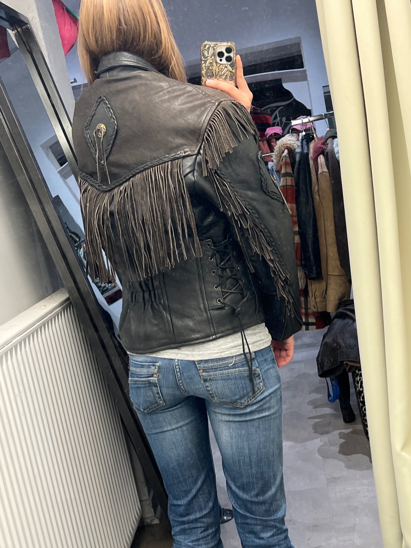 Roadwear 59 Lederjacke mit Fransen S Braun Schwarz