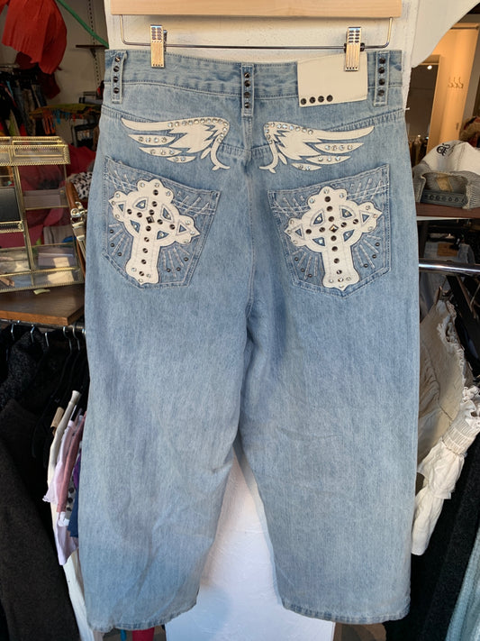 Jaded London Baggy Jeans W30 Hellblau mit Engelsflügeln und Nieten
