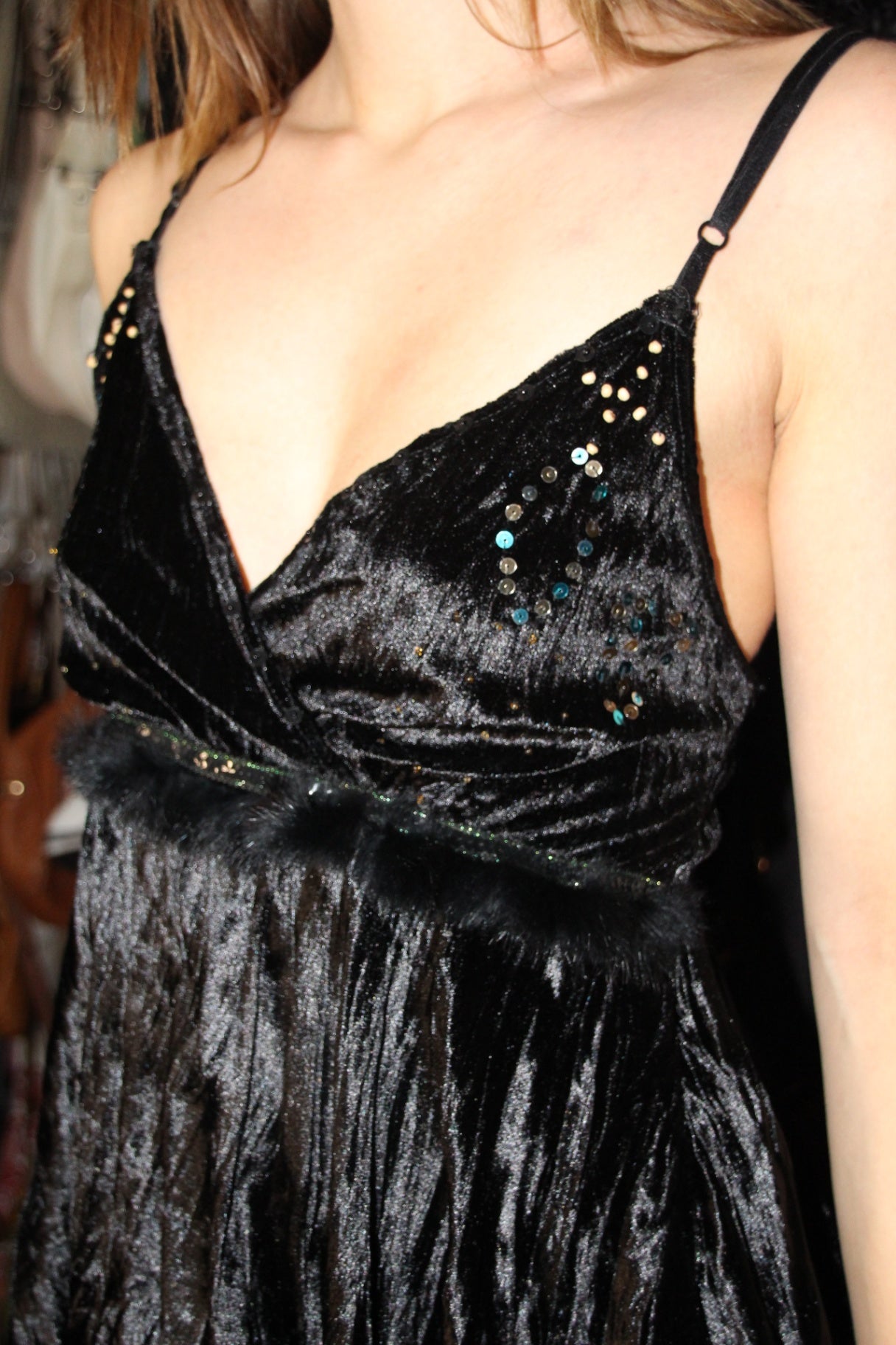 Spaghettiträger-Top S Schwarz mit blau goldenen Pailetten