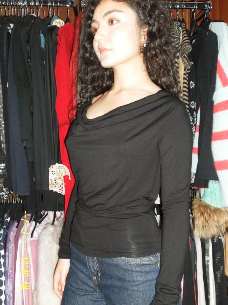 Langarmshirt mit Wasserfall-Ausschnitt M Schwarz