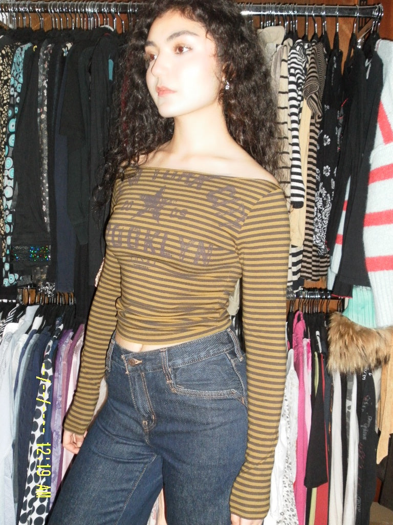 Langarmshirt S Olivegrün mit Streifen