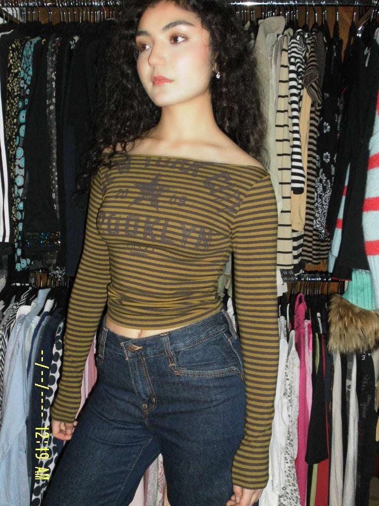 Langarmshirt S Olivegrün mit Streifen