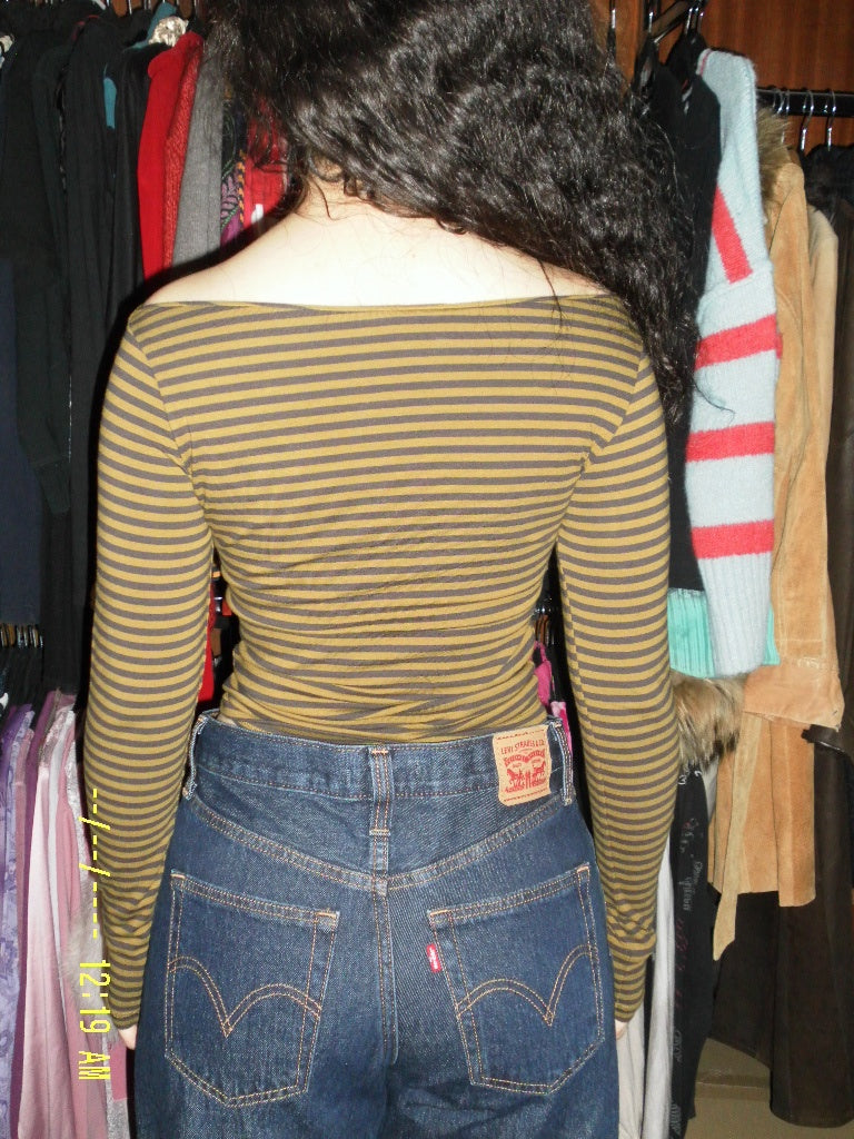 Langarmshirt S Olivegrün mit Streifen