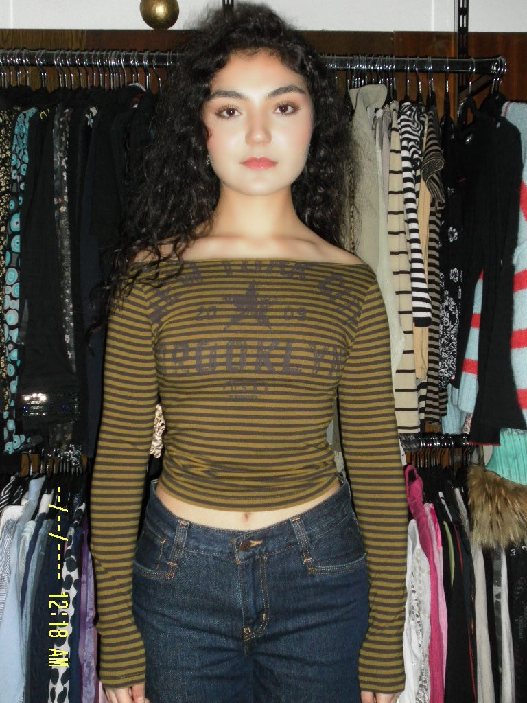 Langarmshirt S Olivegrün mit Streifen