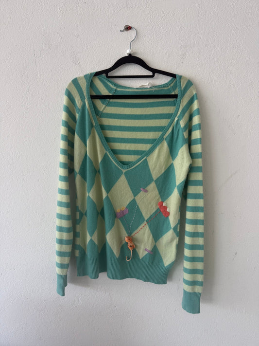 Pullover L Blaugrün, Creme