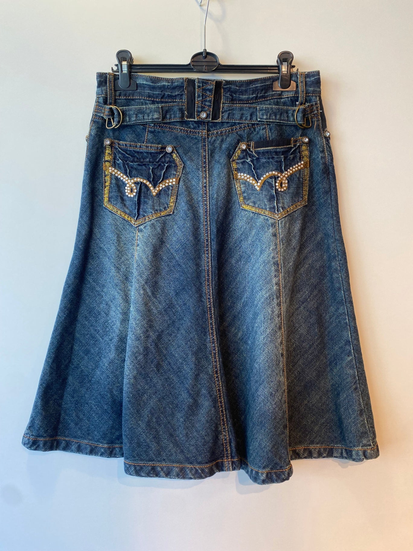 Denim Midi-Rock S Dunkelblau mit goldenen Details und Strasssteinen