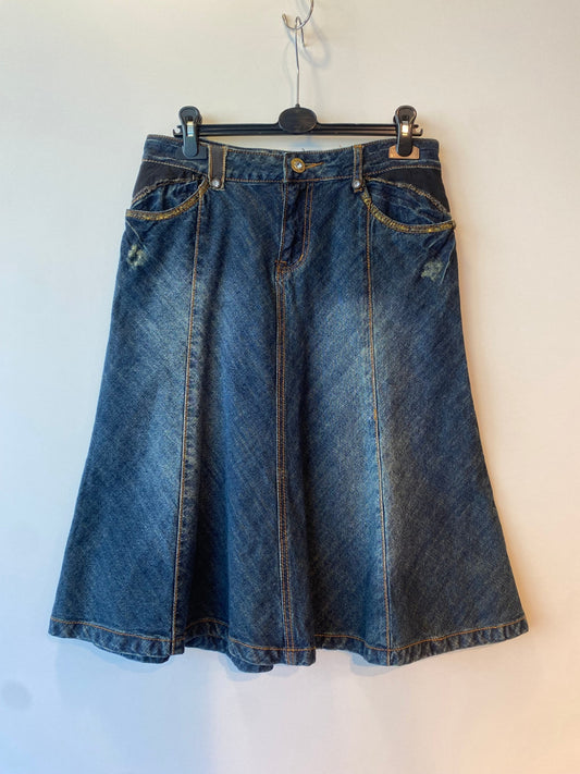 Denim Midi-Rock S Dunkelblau mit goldenen Details und Strasssteinen