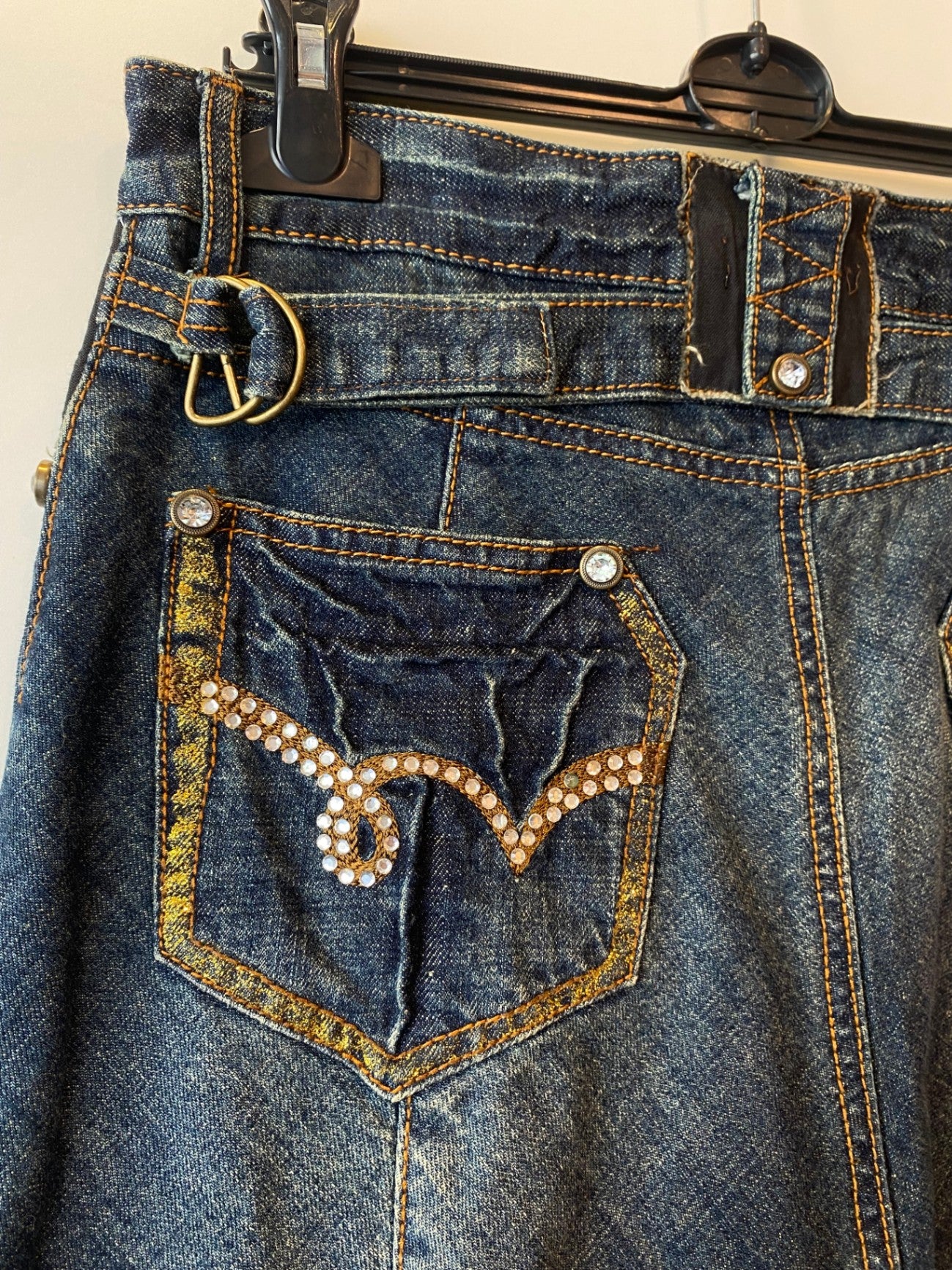 Denim Midi-Rock S Dunkelblau mit goldenen Details und Strasssteinen