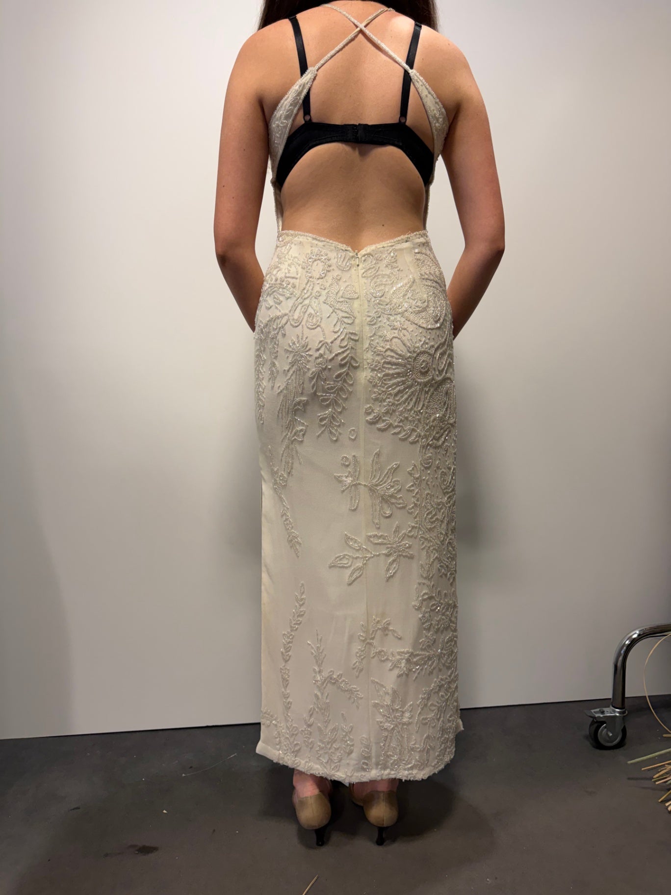 Vivian Caron Abendkleid S Creme voll bestickt