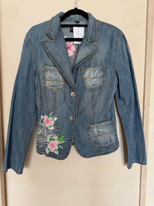 Jeansjacke L Blau mit Blumenverzierungen