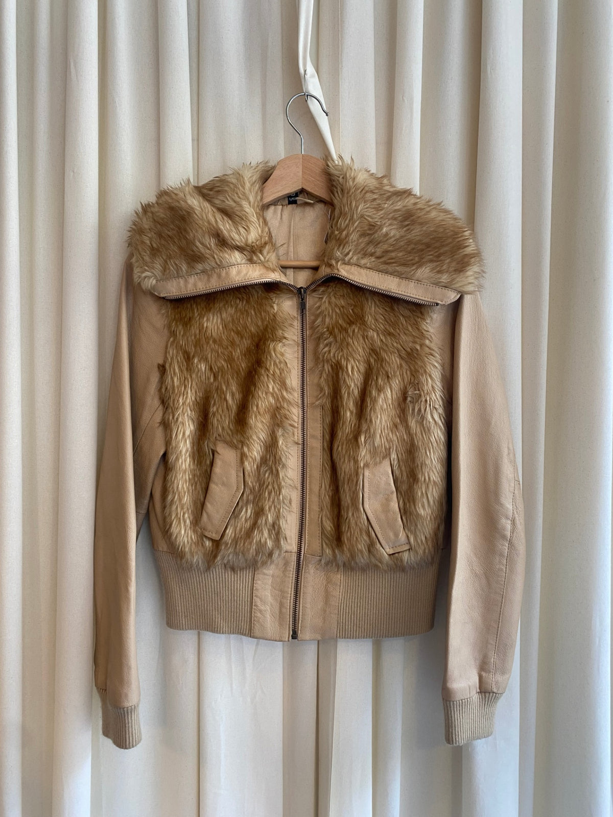 Leder-Fell Jacke S Beige