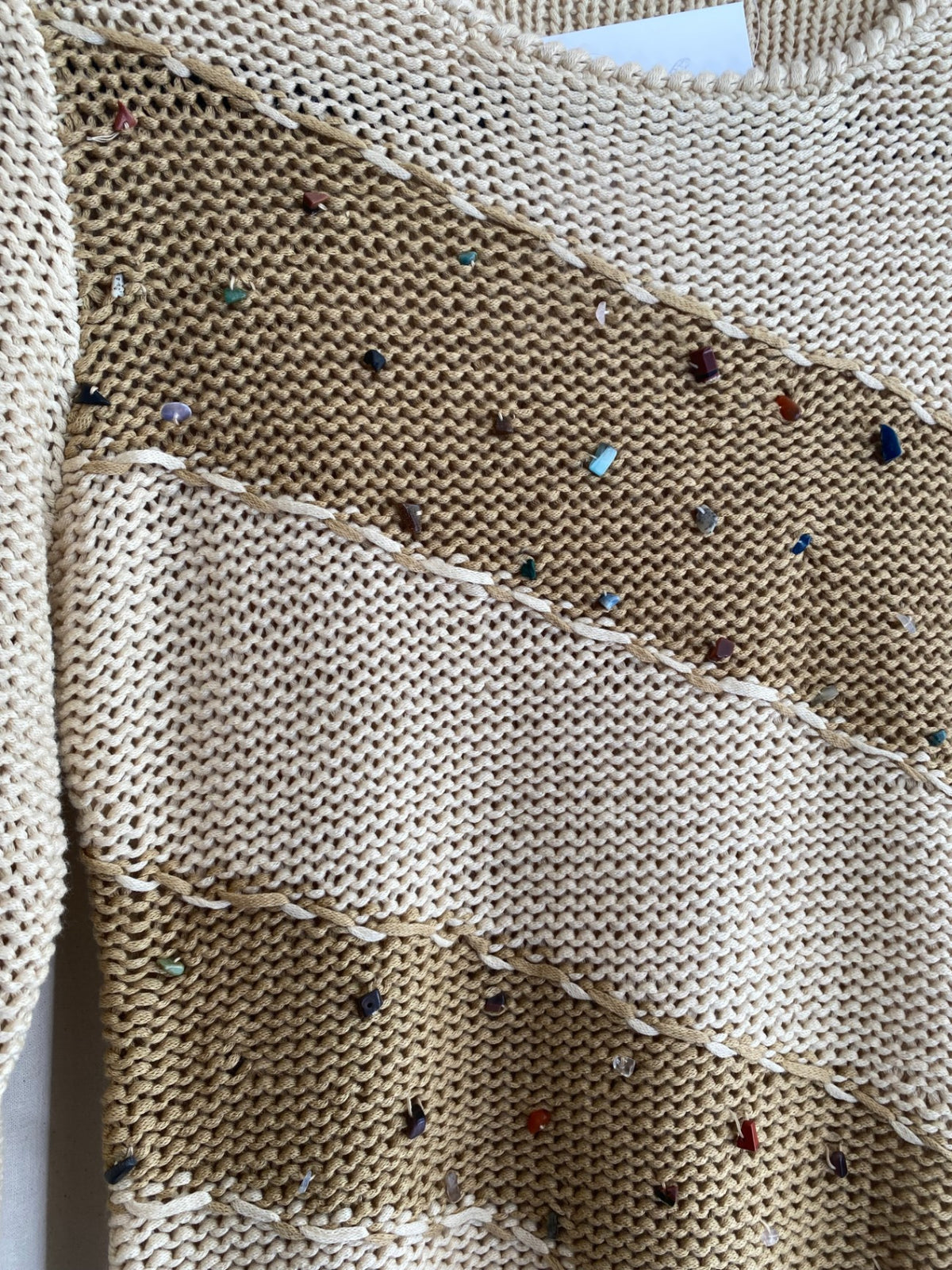 Strick-Pullover M Beige mit Kristallperlen