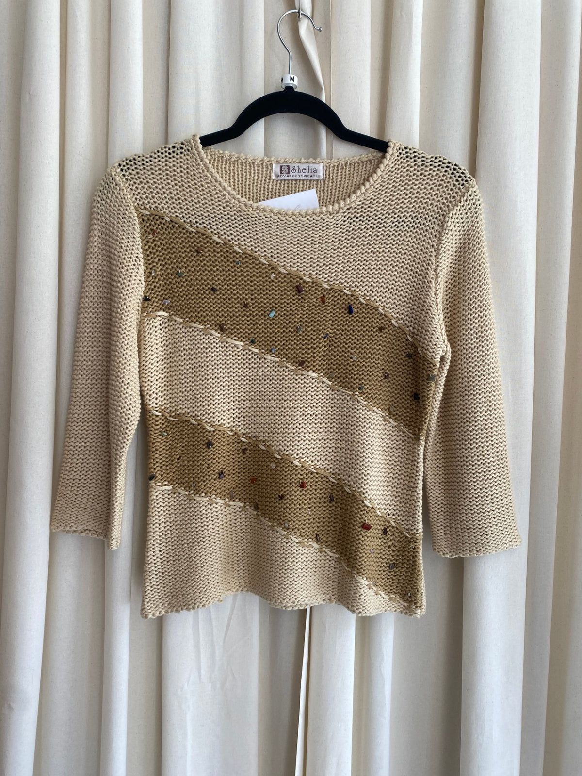 Strick-Pullover M Beige mit Kristallperlen