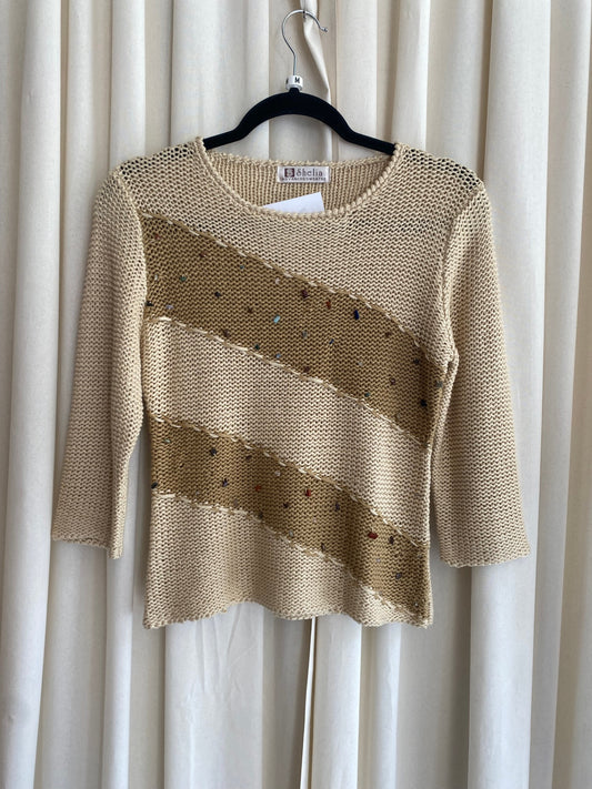 Strick-Pullover M Beige mit Kristallperlen