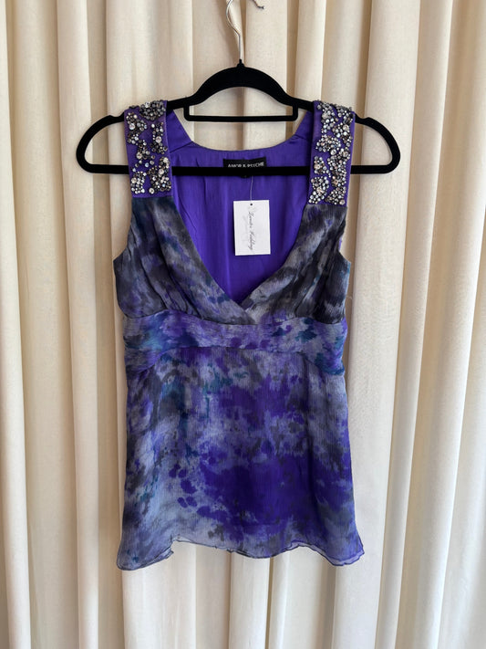Top S Lila mit Pailletten aus Seide